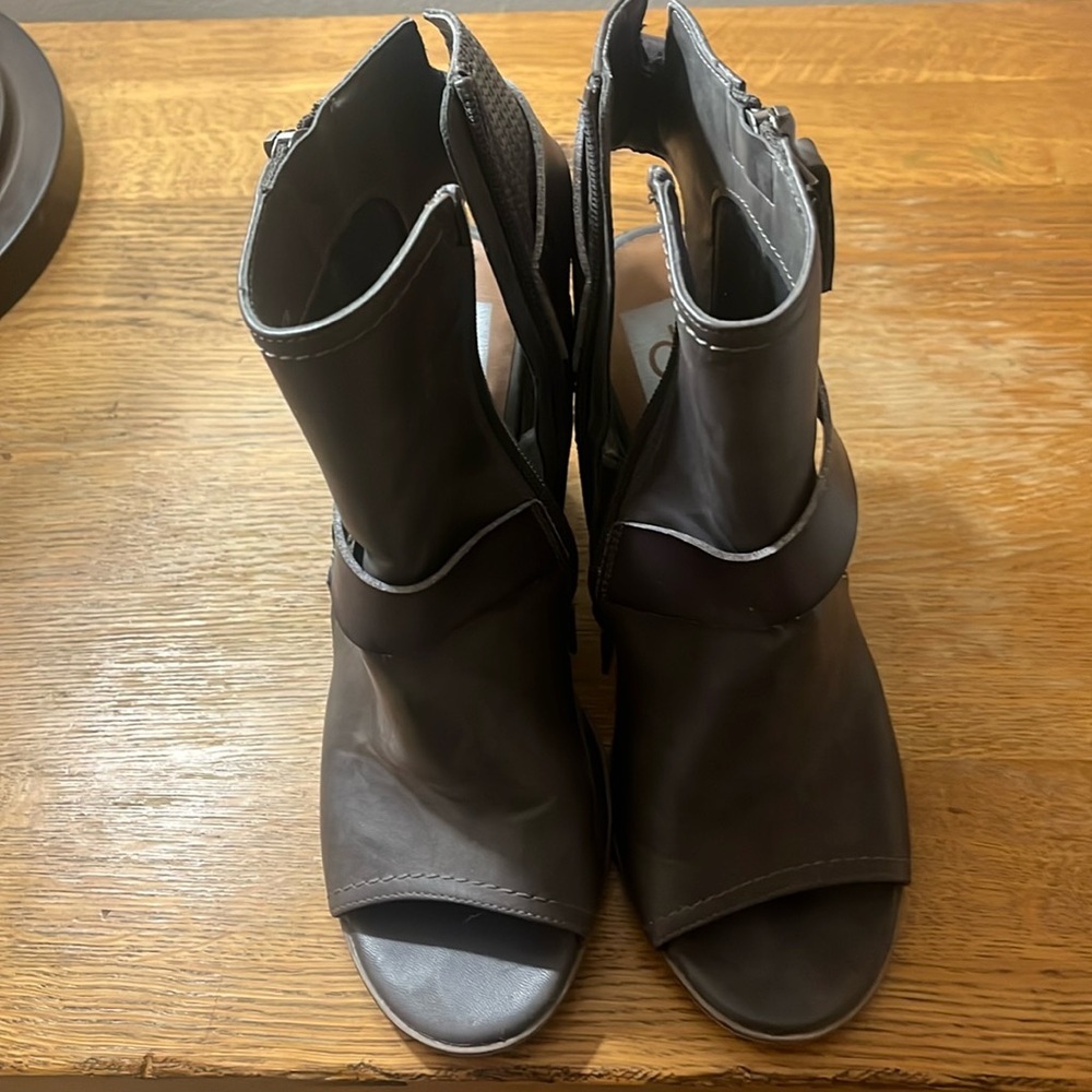 Peep toe bootie. Dolce Vita, distressed grey, heel